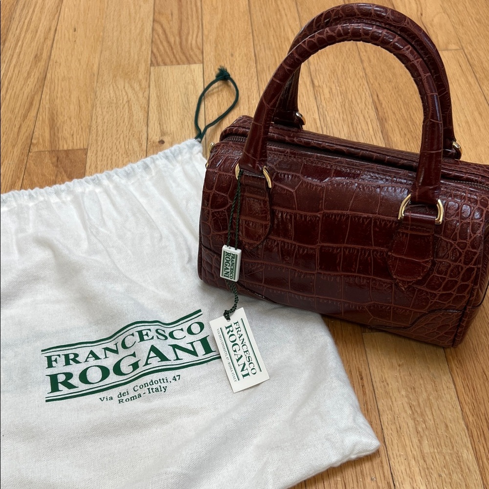 Italian Croc-Embossed Mini Satchel Burgundy/Brown Top-Handle Bag - Picture 2 of 7